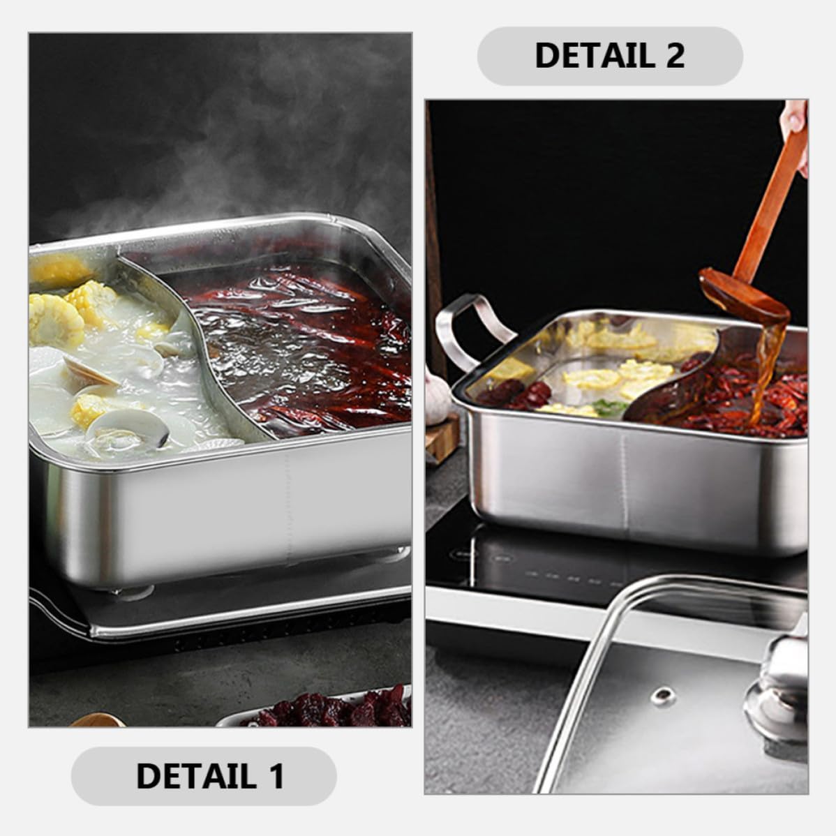 Divided Stainless Steel Hot Pot with Lid Double Handle