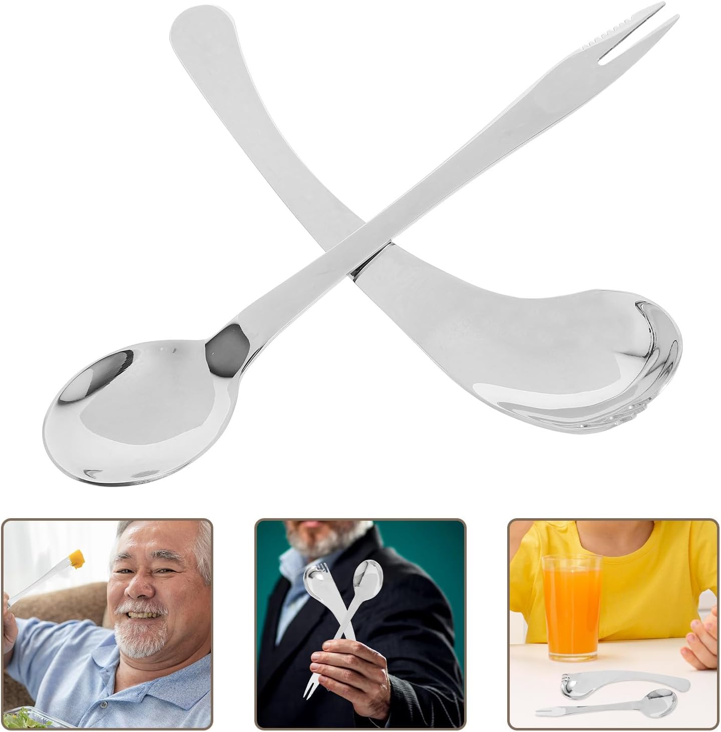 2pcs Curved Stainless Steel Spoon Fork Utensil Set for Seniors
