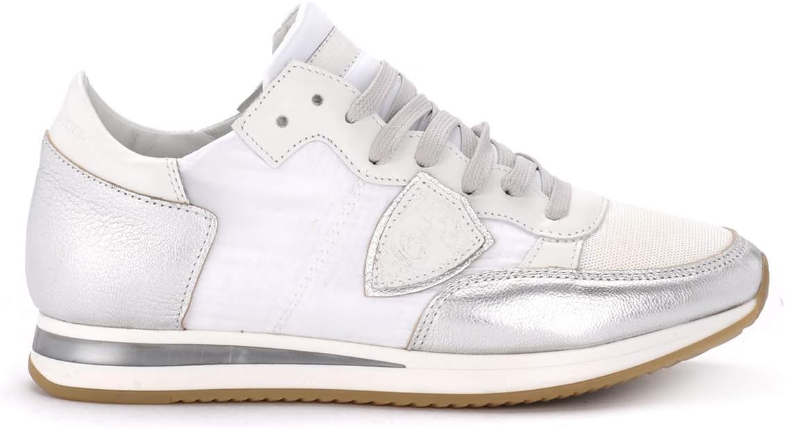 Philippe Model Tropez White and Silver Fabric and Leather Sneaker