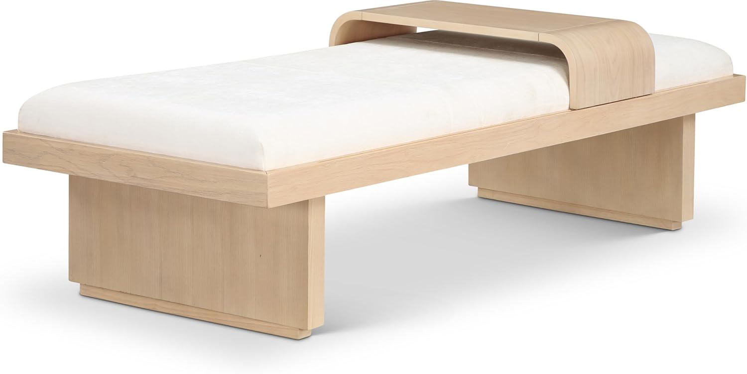 Meridian Furniture 22013Cream Arlington Collection Mid-Century Modern Bench with Soft Cream Chenille Fabric, Rich Natural Finish, Solid Wood, Sliding Wooden Tray, 65" W x 26" D x 19.5" H, Cream