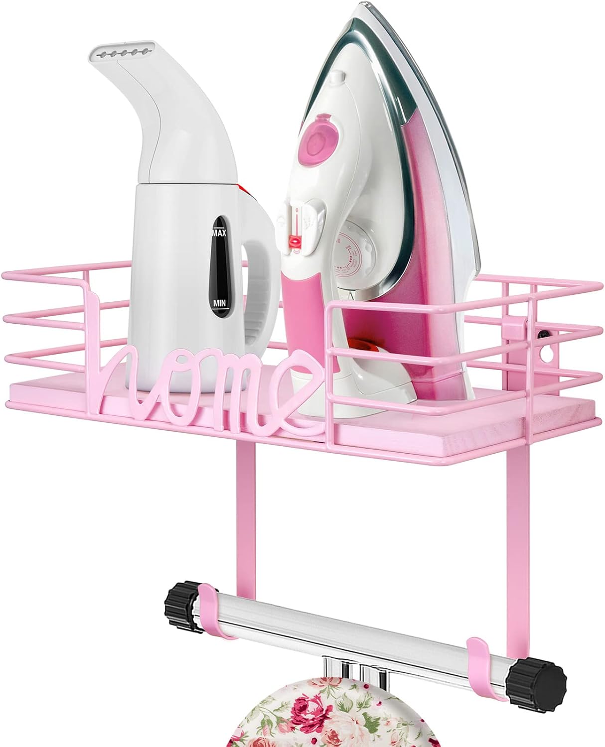 TJ.MOREE Ironing Board Hanger Wall Mount - Laundry Room Decor Iron and Ironing Board Holder, Metal Wall Mount with Large Storage Wooden Base Basket and Removable Hooks (White) : Home & Kitchen
