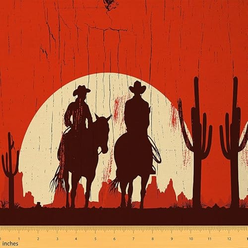 Feelyou Western Decor Fabric by The Yard, Wild West Cowboy Upholstery Fabric for Chairs, Rodeo Cowboy Style Grunge Design Decorative Waterproof Outdoor Fabric, 3 Yards, Red