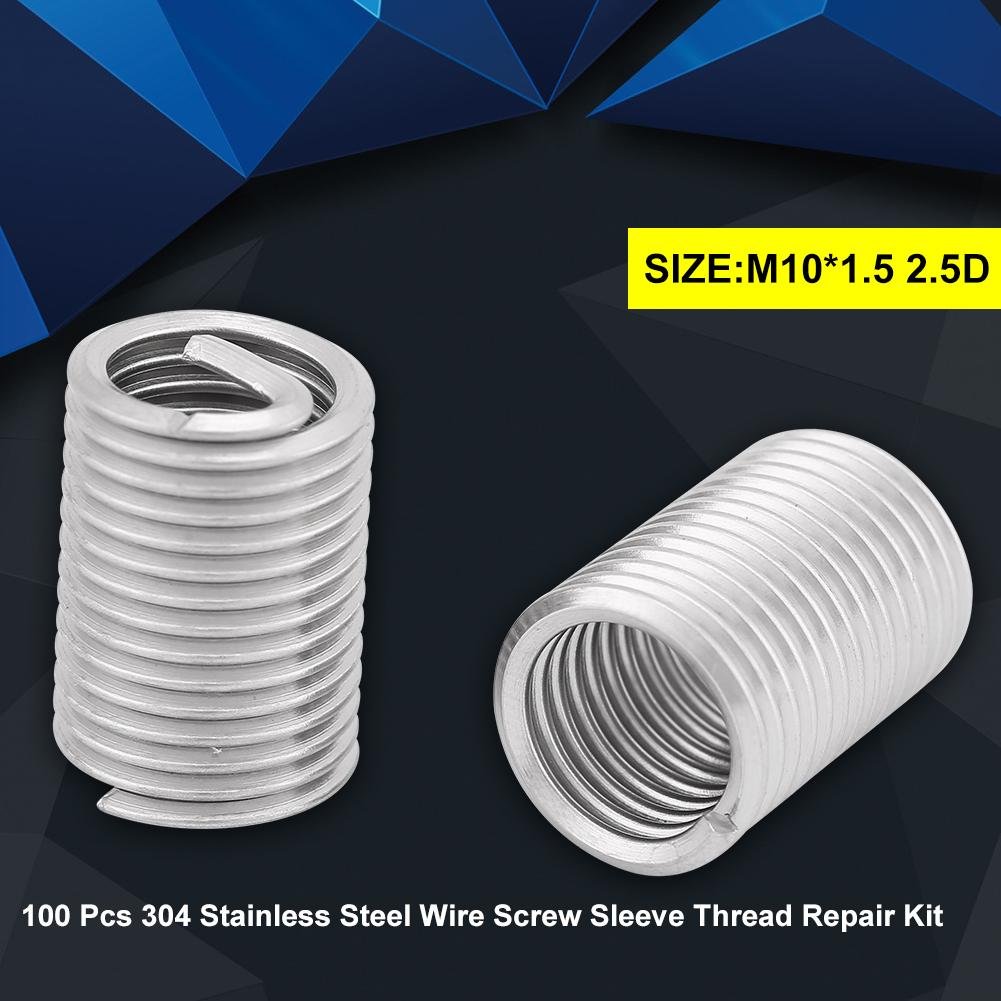 100Pcs M10x1.5 Stainless Steel Helicoil Thread Repair Insert Kit Wire Thread Inserts Type Running Wire 2.5D Box Assortment