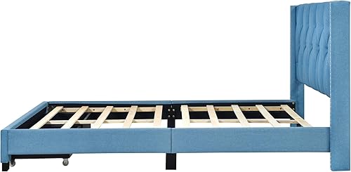 Miniatura 4 de Merax Base de cama tapizada de lino tamaño Queen con dos cajones de almacenamiento y cabecero para niños, niñas y adolescentes, color azul