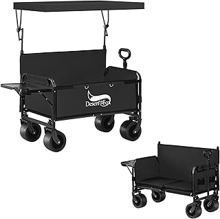 DesertFox キャリーワゴン キャリーカート 【10CM極太タイヤ·ブレーキ付】【特許出願】【取り外し/折りたたみ可能屋根付き・防雨・防雪】 折りたたみ式物置台/フランネルクッション付き 静音 大容量 耐荷重200kg 3WAY キャンプ 椅子 子供用ソファ コンパクト 折り畳み ワンタッチ収束型 キャンプ キャリー レジャー BBQ 運動会 荷物運び 引っ越しYZK008 (くろ,L)