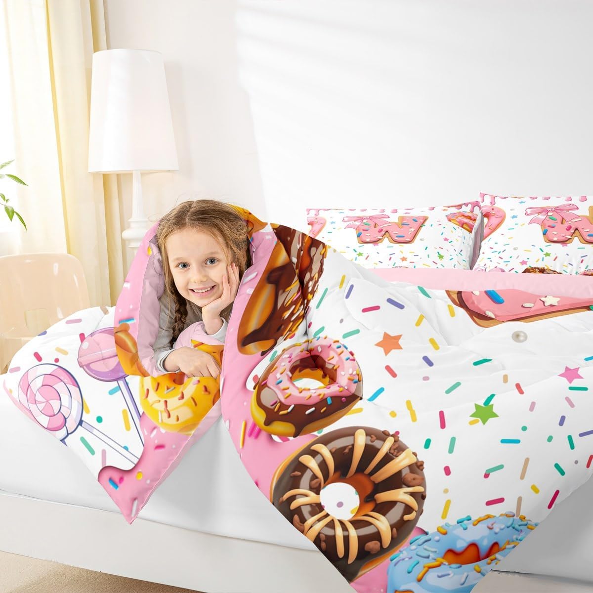 Erosebridal Kids Girls Pink Bow Comforter Set Twin Size Monogrammed Bedding Sets Personalized Initial W Duvet Quilt Colorful White Donut Sweet Candy Quilt Ultra Soft Modern Fashion Bed Set