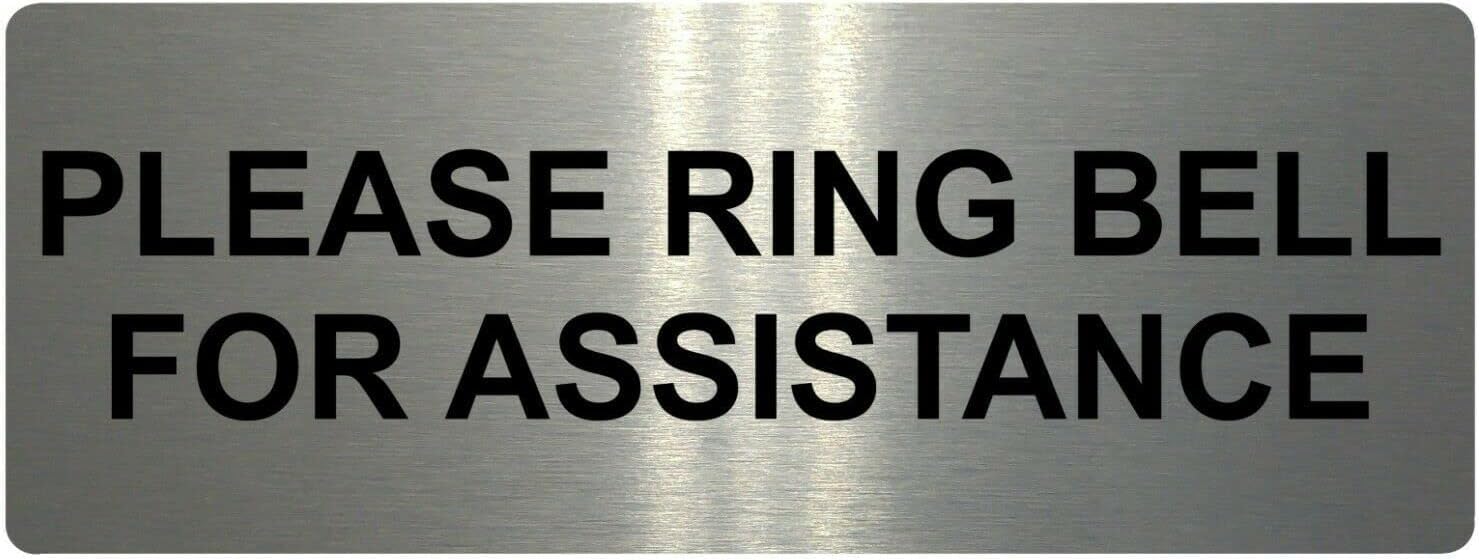 PLEASE RING BELL FOR ASSISTANCE Metal Aluminium Door Sign Plaque House Office Hotel (200x75mm, Brushed Silver)