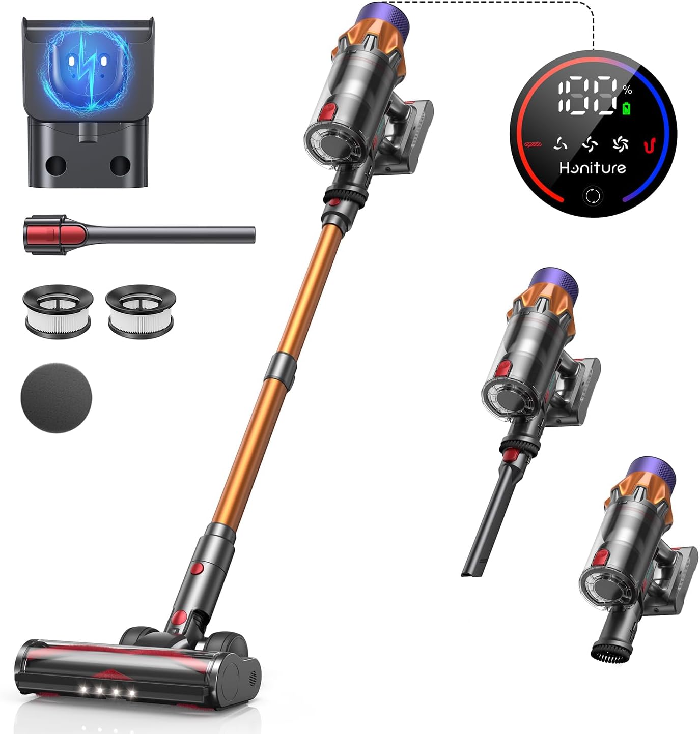 HONITURE X7 Cordless Vacuum Cleaner, 550W/45Kpa Stick Vacuum Cleaners Powerful Up to 60Mins, with Color Touch Screen, 2024 Latest Lightweight Handheld Vacuums for Hardwood Floor/Carpet/Car/Pet Hair