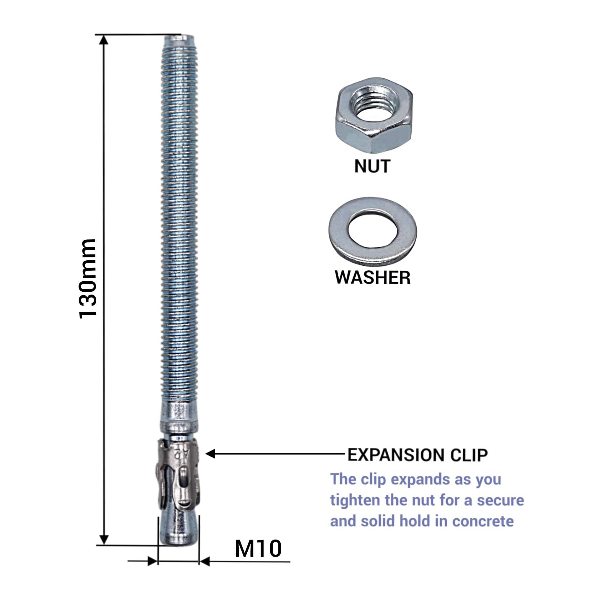 SKIR'CO (10 pcs) Zinc Plated Wedge Anchors M10 x 130 mm, Metal Dowels, Anchor Bolt, Masonry Anchors, Concrete Anchor - Image 4