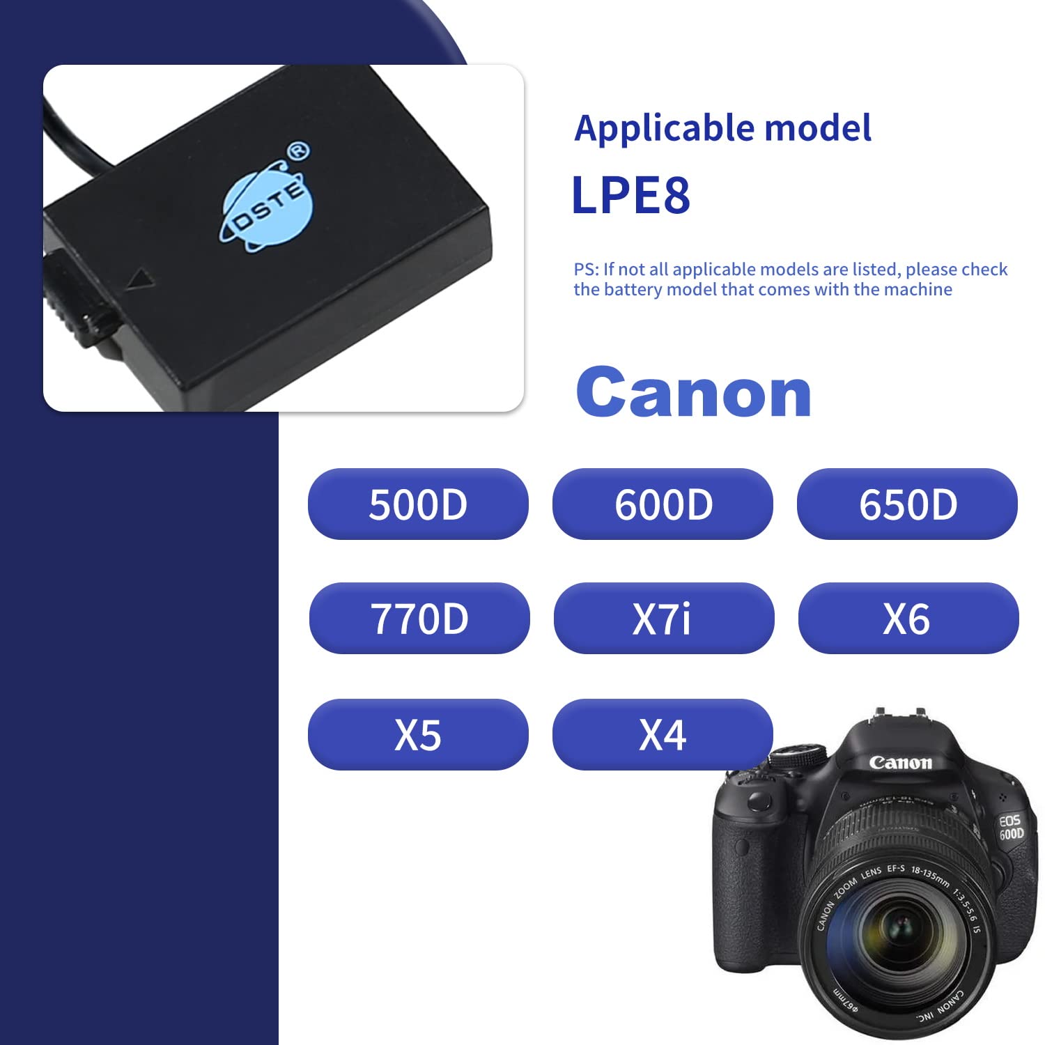 DSTE ACK-E8 AC Fuente de alimentación DR-E8 Kit de batería ficticia Compatible con Canon LP-E8, EOS 550D, 600D