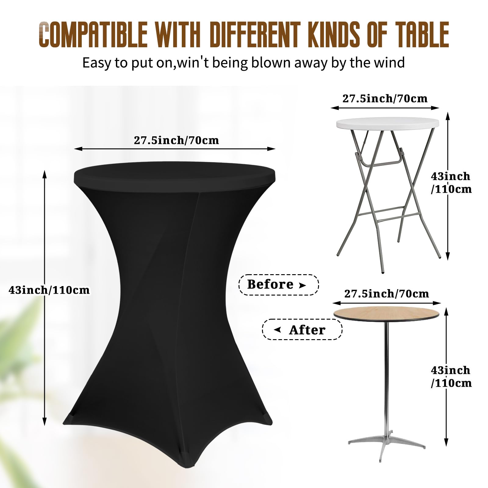 Pesonlook Paquete de 8 manteles elásticos de elastano con esquinas cuadradas de 70 x 110 cm, color negro, para mesa alta, mantel redondo para cóctel, bar, boda, cóctel, fiesta, banquete (color negro)