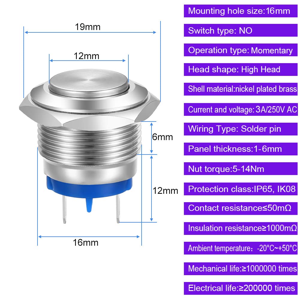 Interruttore A Pulsante Momentaneo In Metallo Con Luce A LED Per Auto Da 12 V E 16 Mm Blu~p120933366 - Foto 2