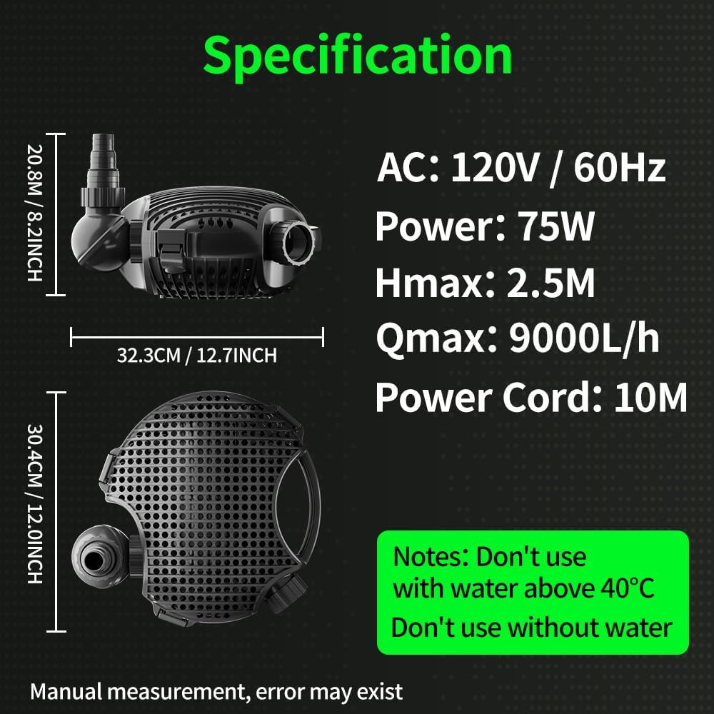 Submersible Water Pump with 8.2FT Lift Height for Pond, 2377GPH, 75W Adjustable Water Outlet Water Fountain Pump, Quiet Aquarium Pump for Waterfall, Fish Pond, Statuary Hydroponic