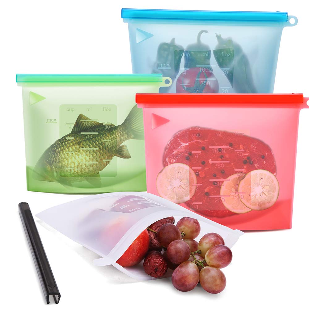 Silicone Food Storage Bags, Aibrisk Dishwasher Safe Reusable Food Storage Bags Leakproof Waterproof 4PCS 1000ml BPA Free FDA Approval Food Preservation Bag for Fruits Meats Vegetables