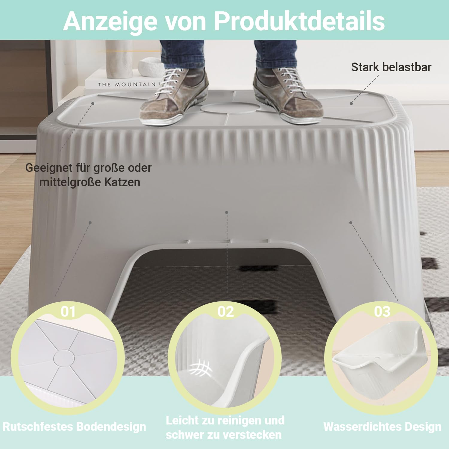 Katzenklo Groß 64x45x33cm, Katzenklo Hoher Rand Ohne Deckel, Katzentoiletten Offen, Spritzwassergeschützt Groß Katzen Klo, Katzentoilette XXL für Große Katzen, Kätzchen, Kaninchen