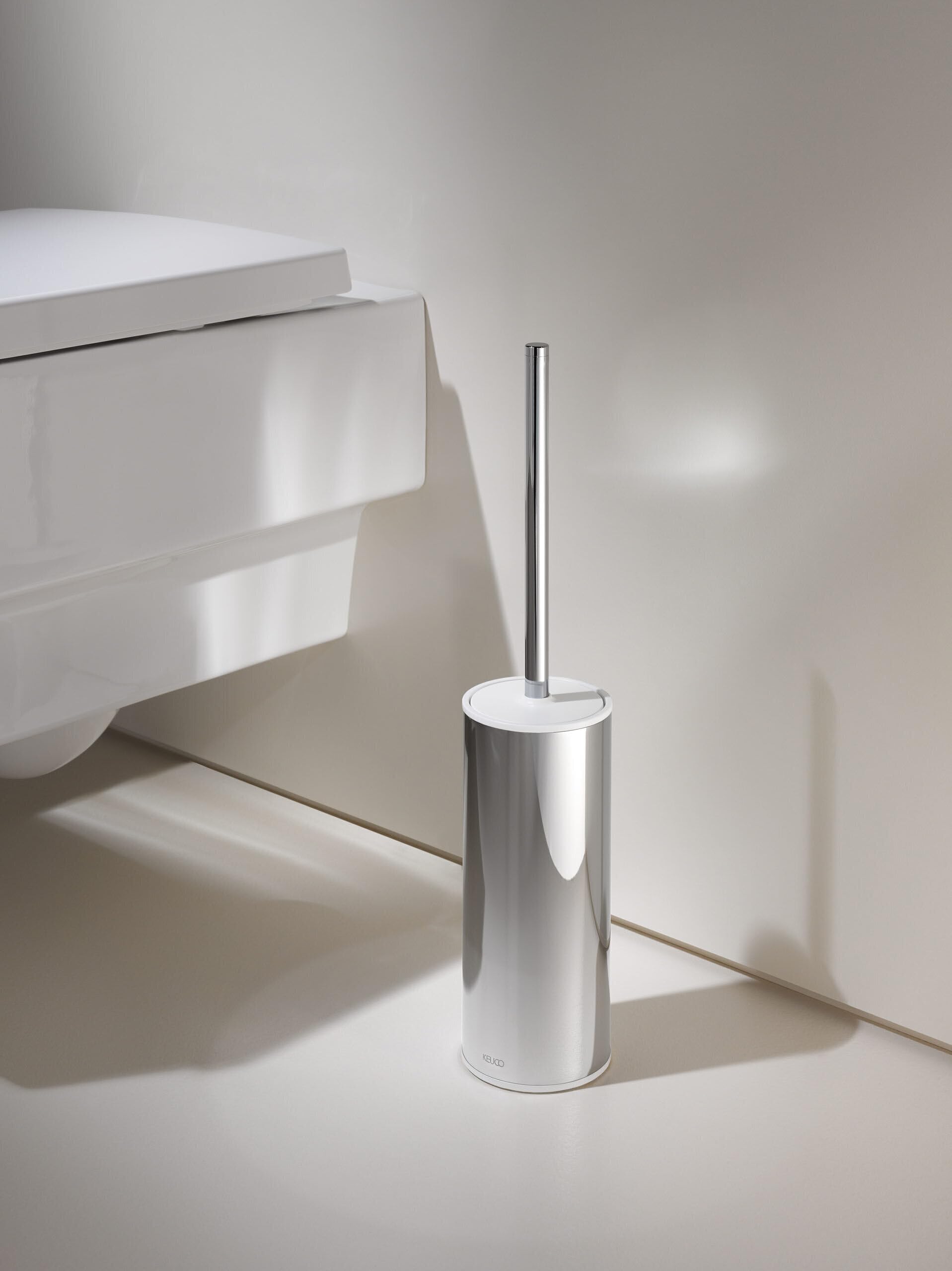 KEUCO Moll Set aus WC-Bürstengarnitur & 4 Bürstenköpfen, Standmodell, Chrom | Bürstengarnitur mit Metallgehäuse und Bürste, Ersatzköpfe weiß, Bürstenhalter mit Klobürste