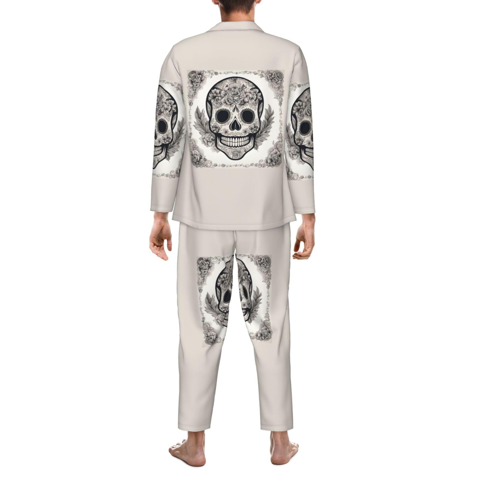 Herren-Pyjama-Set, mexikanischer Totenkopf-Druck, langärmelig, zweiteilig, Hauskleidung, bequeme Nachtwäsche