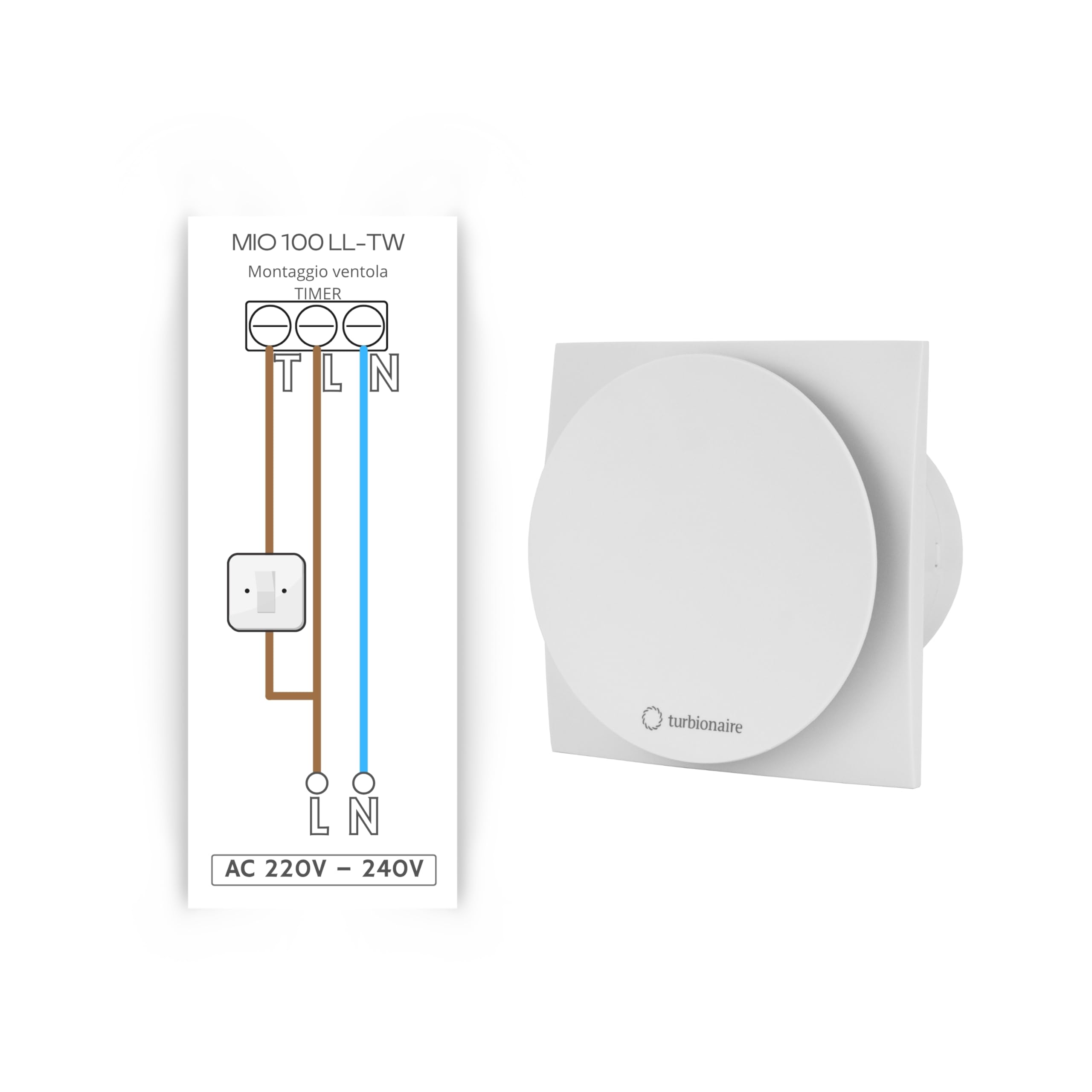 Turbionaire MIO 100 LL-TW Aspiratore da bagno100 mm con Timer, Motore con Cuscinetti a Sfere, Valvola di Non Ritorno, Protezione IPX4, Silenzioso, Ideale per uso uso intensivo, Bianco