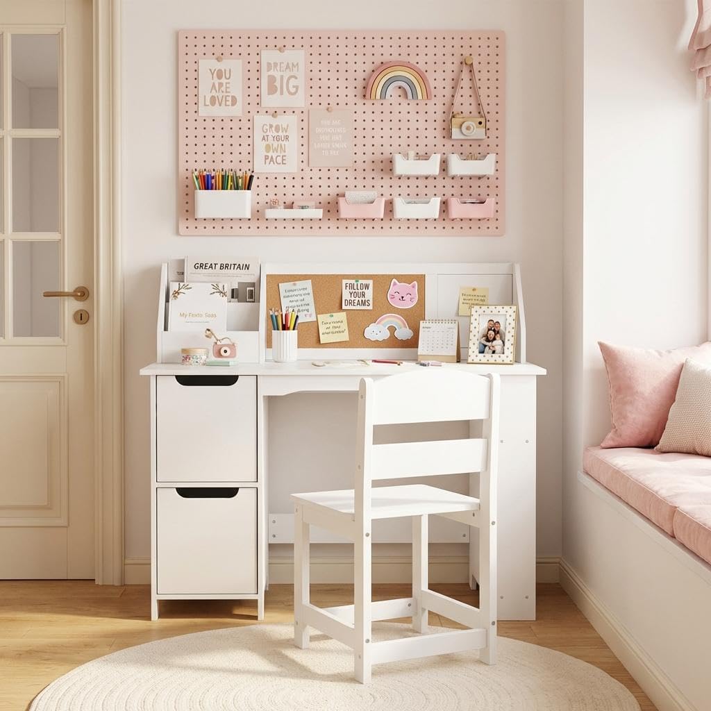 GarveeHome Kids Study Desk and Chair Set, Wooden School Learning Table with Storage, Hutch and Bulletin Board, Children Computer Desk with Chair, Small Toddler Desk for Home, School, White