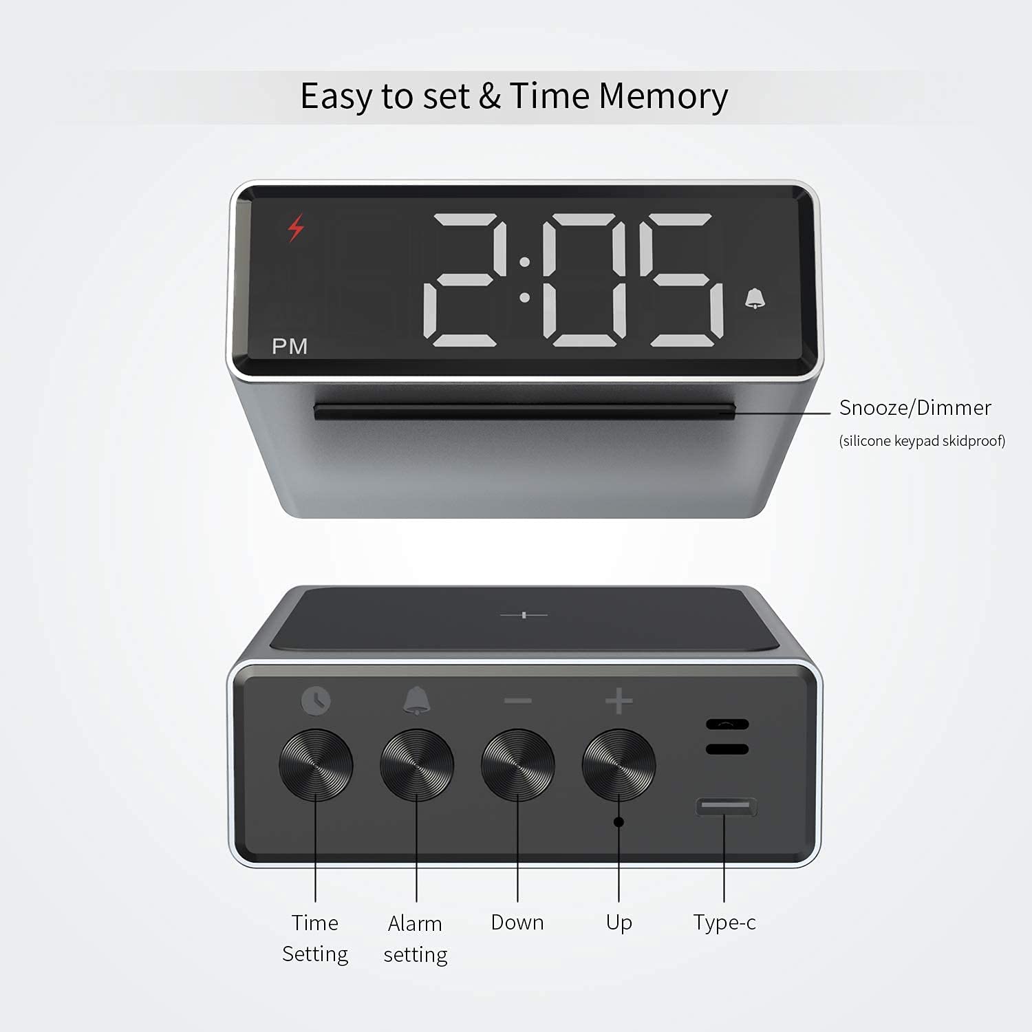 Pequeño Reloj de Alarma de Metal con Carga inalámbrica Qi - Clear Digital DIRIGIÓ Pantalla con 4 Brillo 12/44H Snooze for la Oficina de Noche de Dormitorio, Compatible con (Plata)