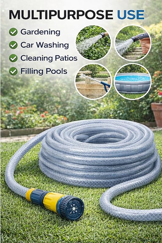 Image of LUVBATH 3 Layer Braided Heavy Duty Garden Hose Pipe|0.5 Inch (Diameter),20 Meter L|Flexible PVC Water Pipe for Gardening, Car Wash, Balcony & Floor Cleaning|Durable Leakproof Hose (65.6 Feet, Grey)