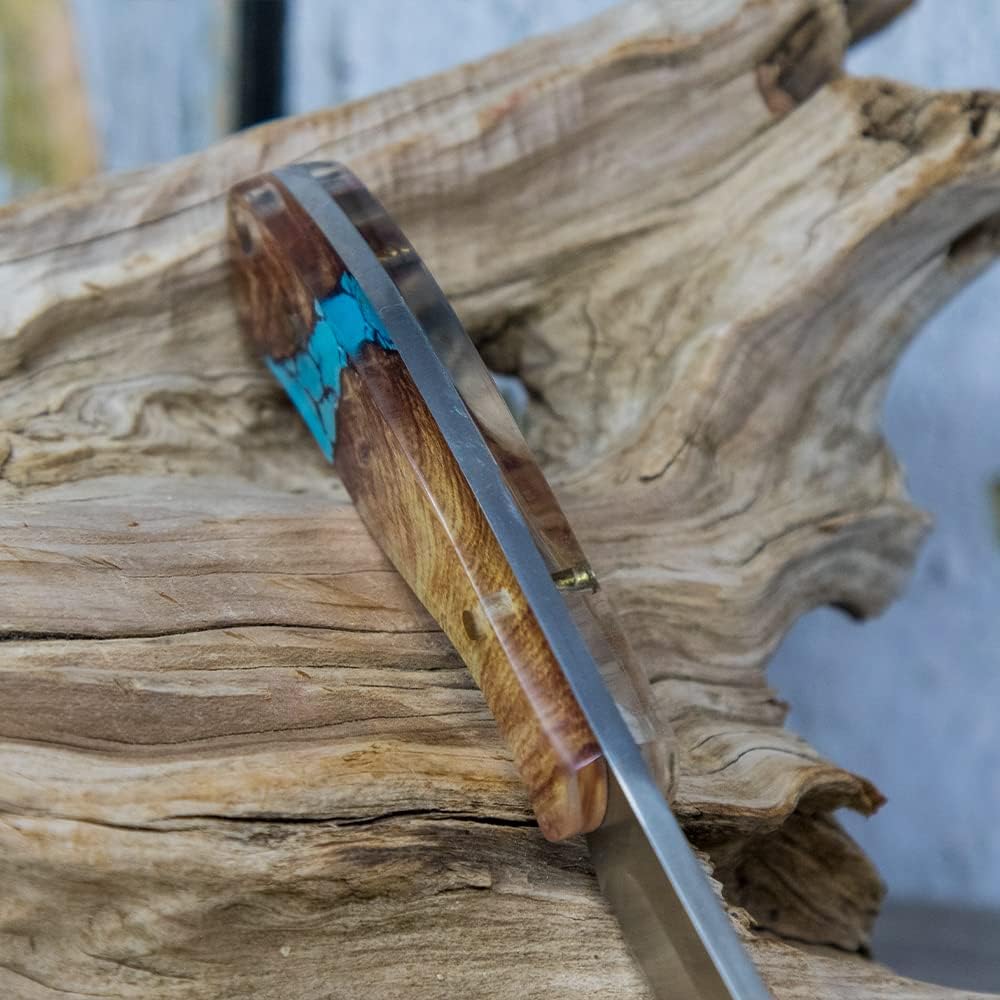 WHISKEY BENT HAT CO. Bullcutter Fixed Blade Knife 440C Stainless Steel 6.5" Overall Length w/Leather Sheath (Turquoise River)