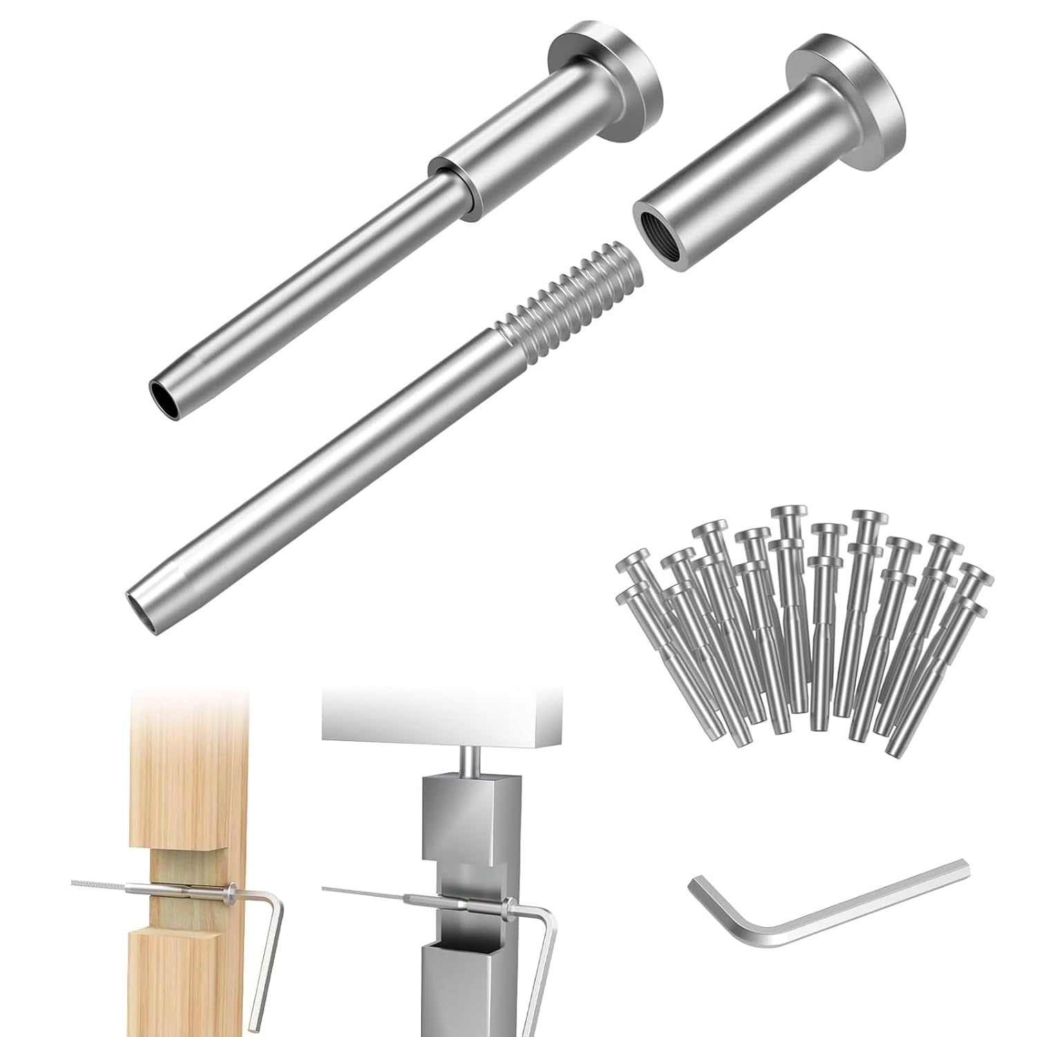 CKE 24 Pack Invisible Cable Railing Kit 1/8" Cable Railing Tensioner Invisible Receiver and Swage Stud End for Cable Railing Hardware, T316 Swage Tensioner and Terminal Hidden for 2x2 Wood/Metal Post