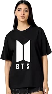 Women Oversized T Shirt | BTS Round Neck Cotton Printed Loose Fit Black T-Shirt