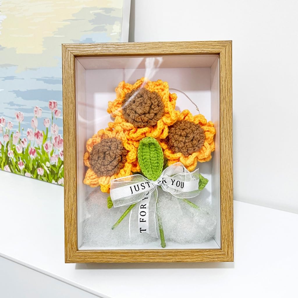 Wood Photo Frame Crochet Sunflower Knitted Bouquet Gift Accessory Household for Indoor Outdoor Garden Yard Supplies