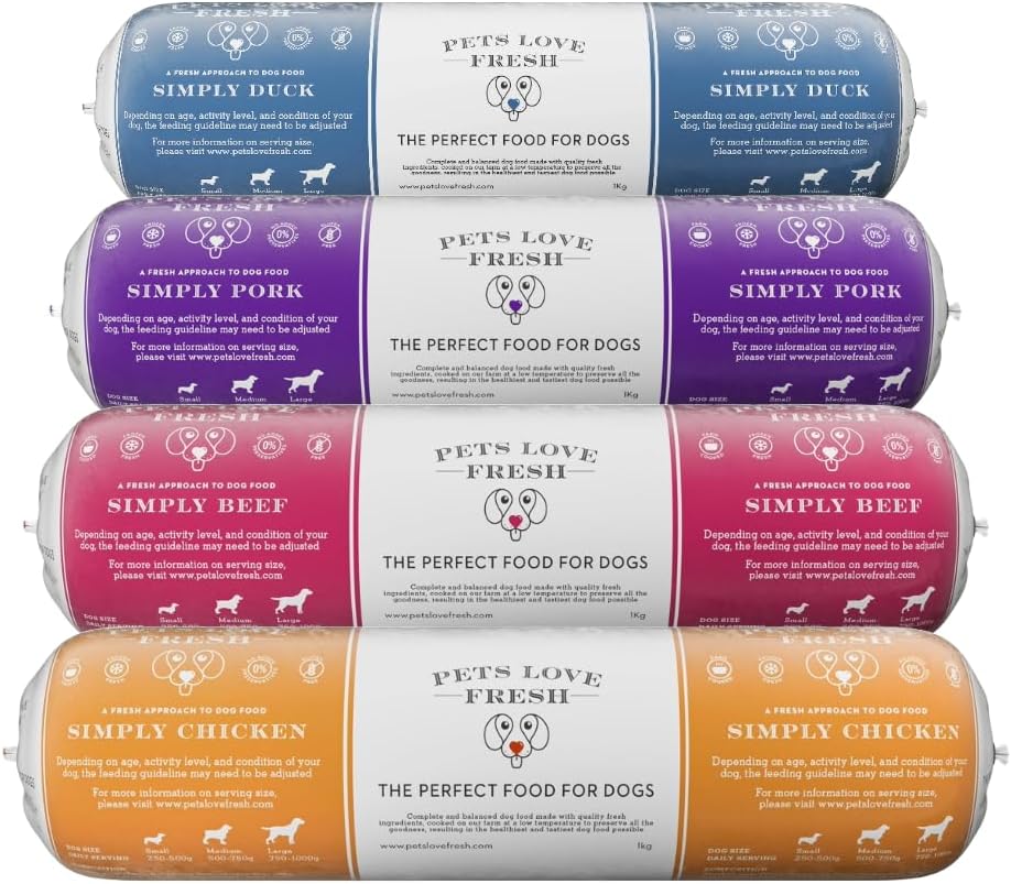Healthy & Tasty Fresh Dog Food by Pets Love Fresh - 100% Natural - Real British Meat - Zero Preservatives - Variety Pack - Chicken, Pork, Beef & Duck (4 x 1kg chub rolls)