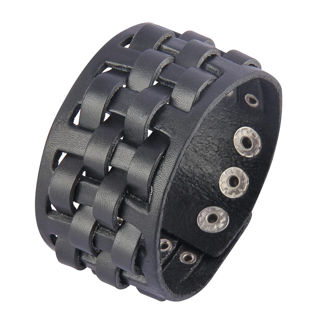 Jeilwiy Punk Leather Wristbands for Men Bracelets Handmade Wide Cuff Bangle Braided Jewelry Black Brown Adjustable - Punk Father's Gifts