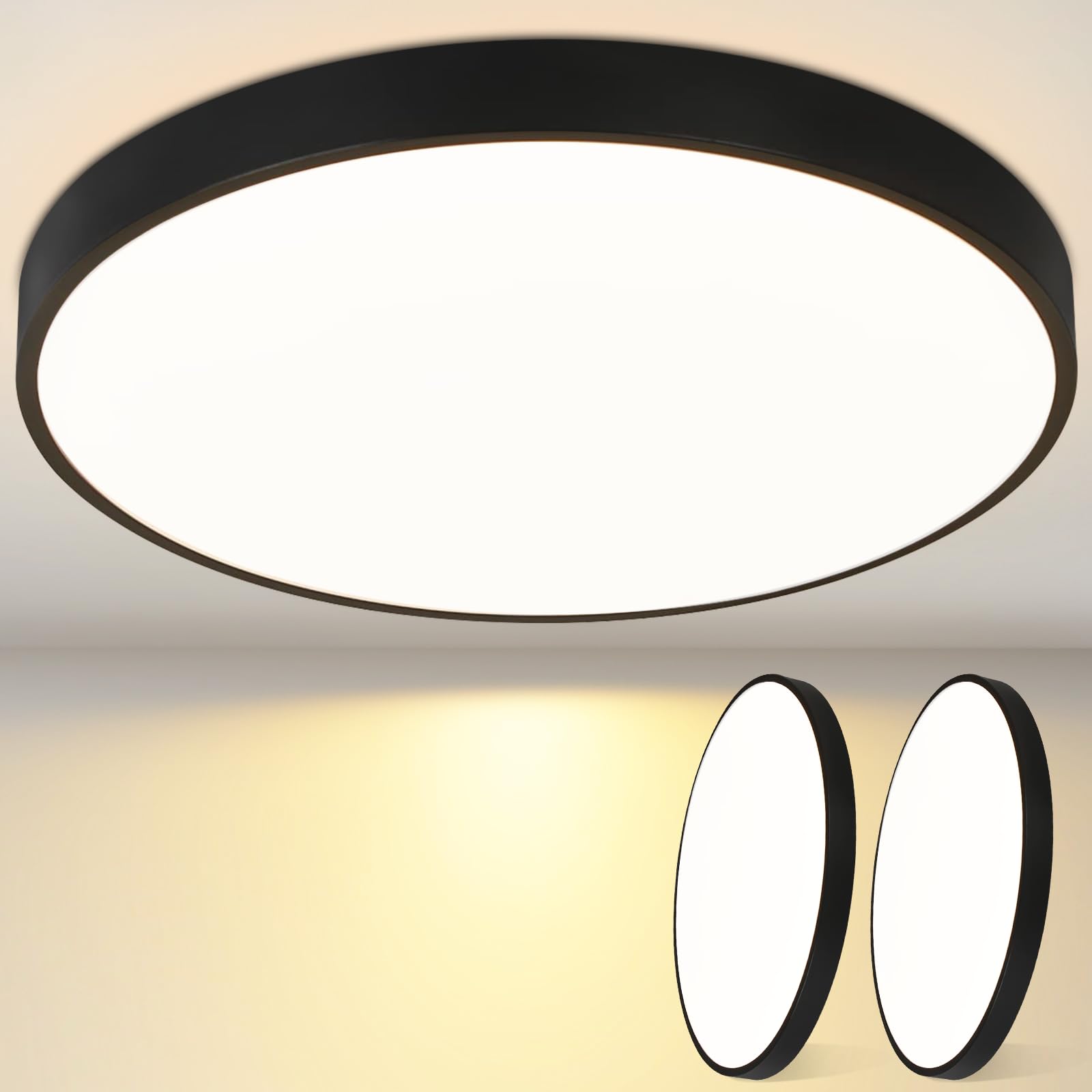 Laittiin Deckenlampe LED Deckenleuchte Flach - 2ER 37CM Schwarz Dimmbar mit Fernbedienung Schlafzimmerlampe 36W Rund Flurlampe Decke IP44 Badlampe 3000K-6500K Wohnzimmerlampe für Flur Küche Bad