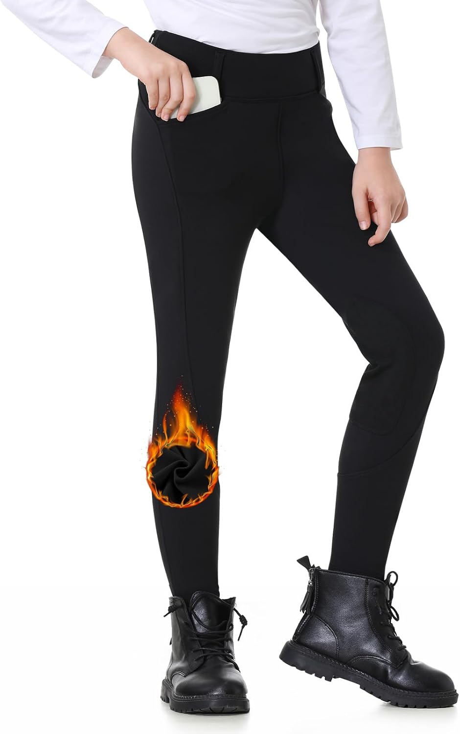 Kids Horse Riding Pants Winter Fleece Lined Girls Equestrian Breeches Knee-Patch Horseback Tights with Pockets