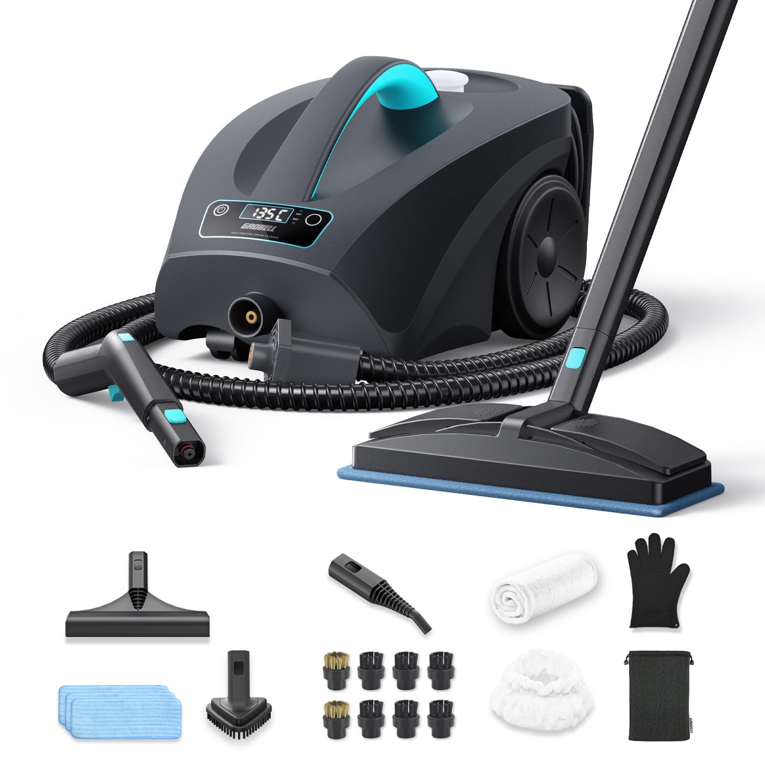 GROBELL 40s Fast Heating Steam Cleaner: 2600W 21 PCS Kit-2.5L No Pressurized Large Tank-No Cooling Refill Anytime Detachable Hose Chemical-Free Cleaning for Home Grout Tile Floor Bathroom Car Kitchen