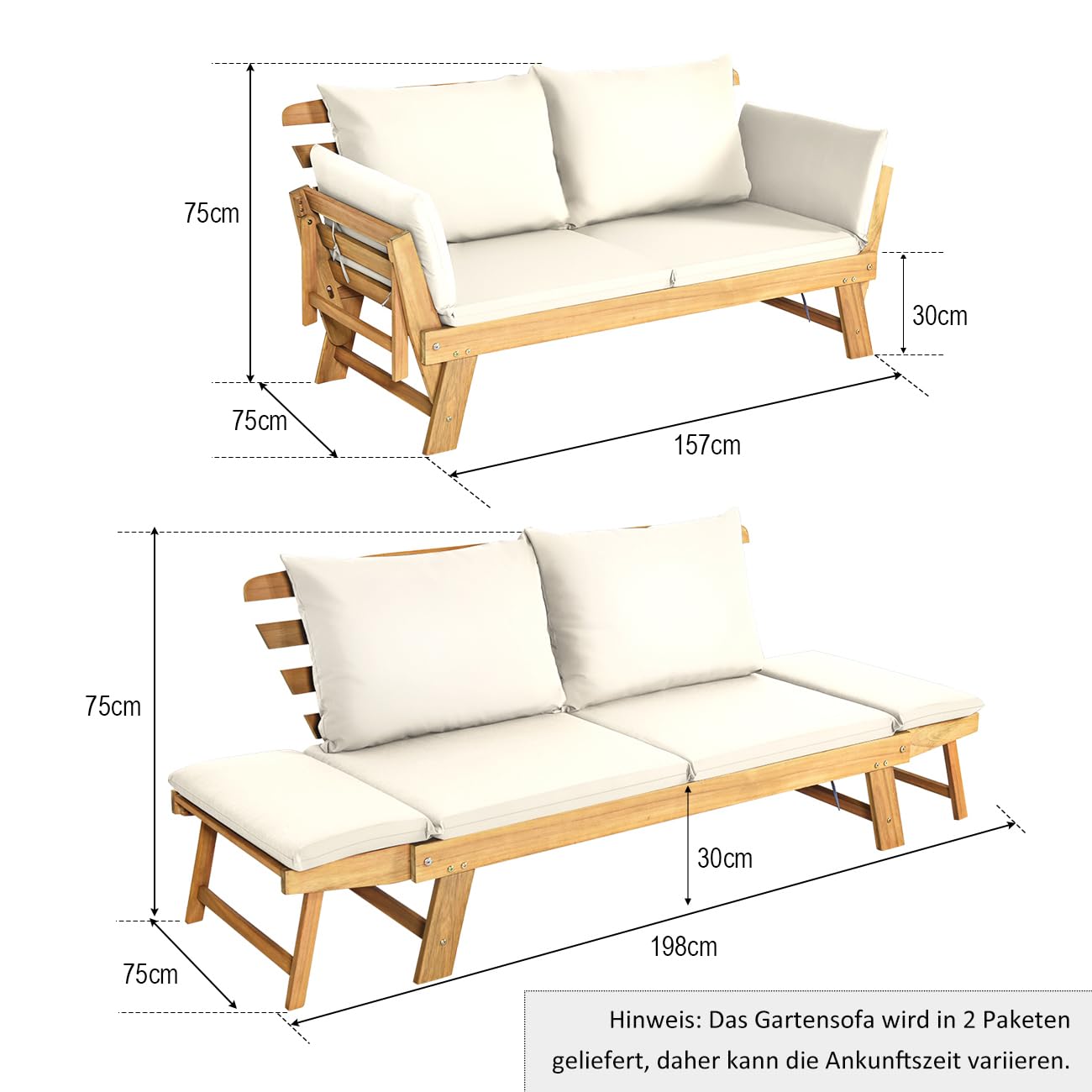 COSTWAY Ławka ogrodowa z funkcją leżenia, sofa ogrodowa z poduszkami i składanym podłokietnikiem, ławka balkonowa z drewna akacjowego, sofa balkonowa, sofa ogrodowa do ogrodu, na taras, balkon, 198 x