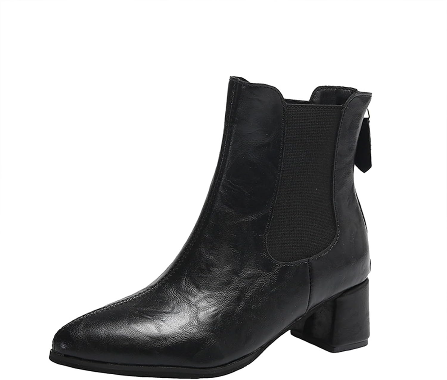 Womens Pointed Toe Low Block Heel Elastic Dress Ankle Boots Retro Leather Slip On Comfy Chunky Heel Fall Short Booties Back Zip With For Casual Daily Work Party