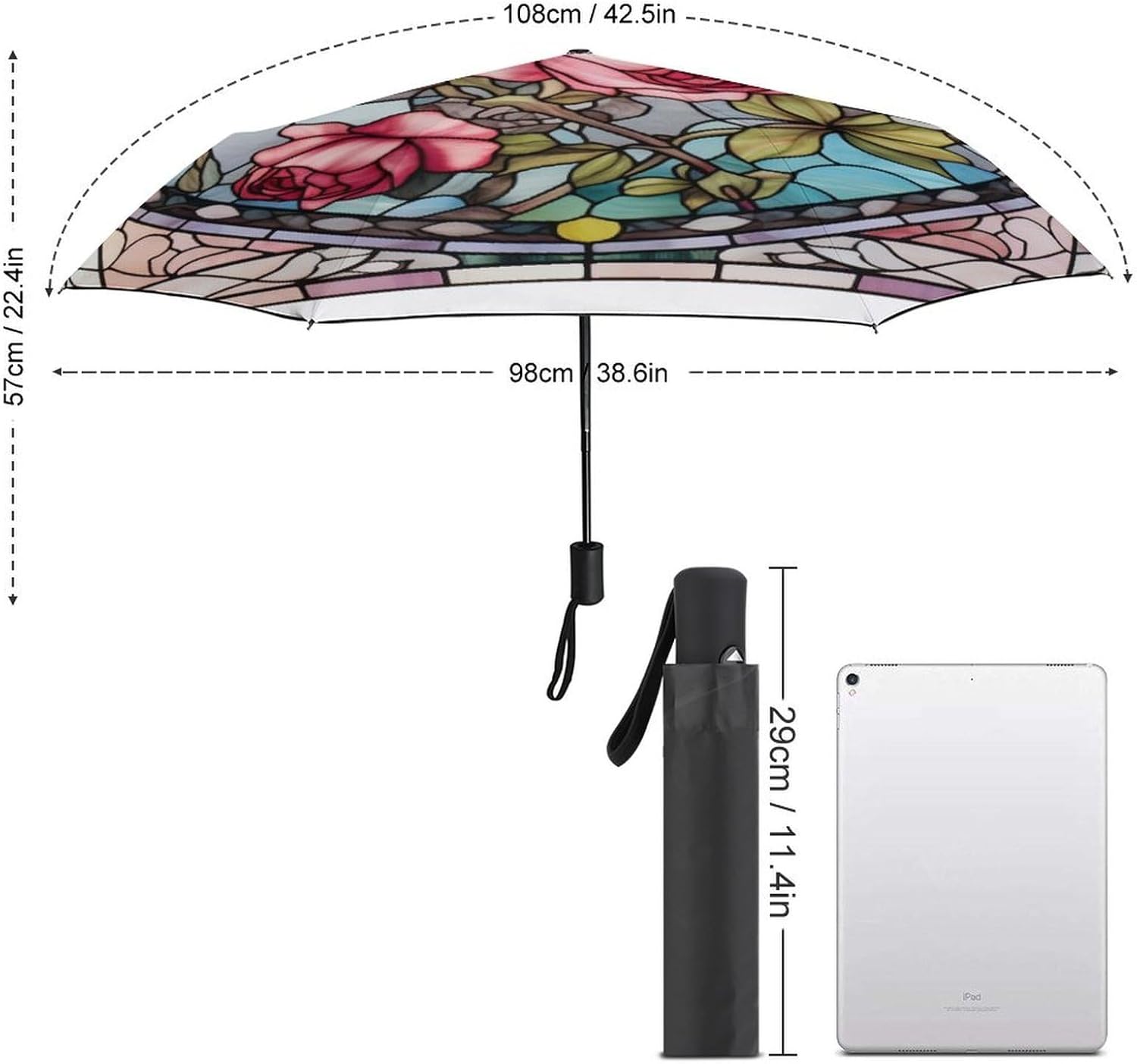 Victorian Stained Glass Pink Rose Folding Umbrella 3 Folds Auto Windproof Travel Umbrellas Strong Lightweight Umbrellas for Outdoor Sun Rain