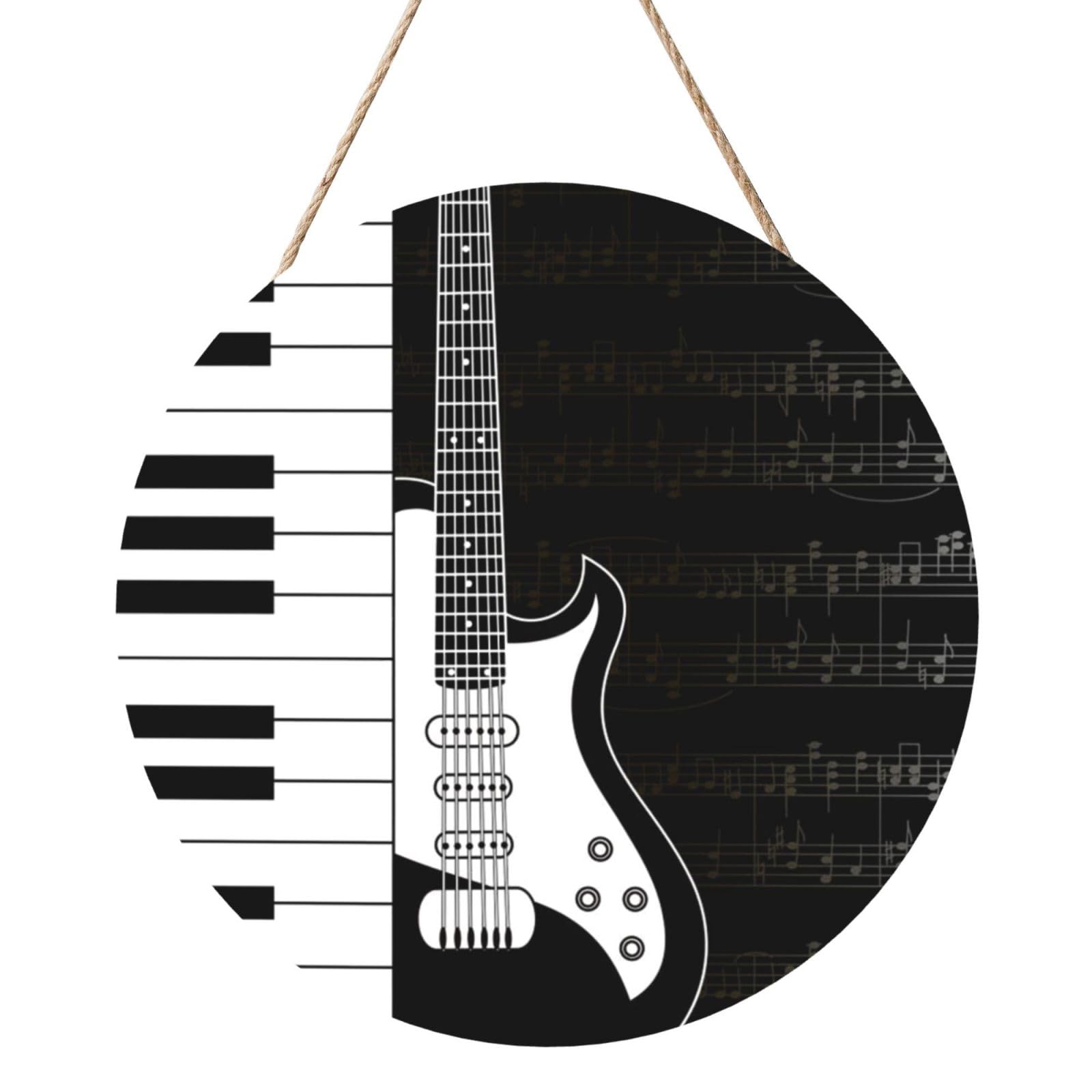 InOmak Guitar And Stave Notes, Round Wood Panel Painting 12 in, Wall Hanging Painting For Home