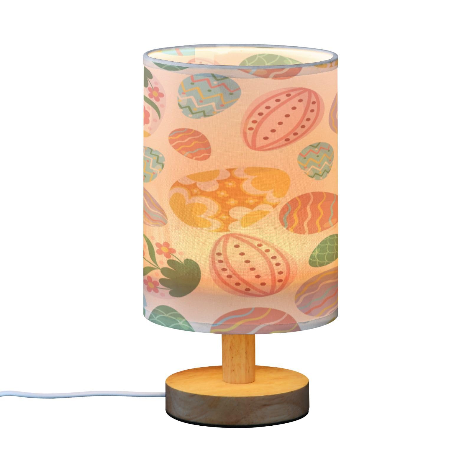SDMKA Easter Eggs Pattern Bedside Table Lamp for Bedroom, Minimalist Nightstand Lamp with Round Fabric Shade for Living Room, Office, No Bulb Required