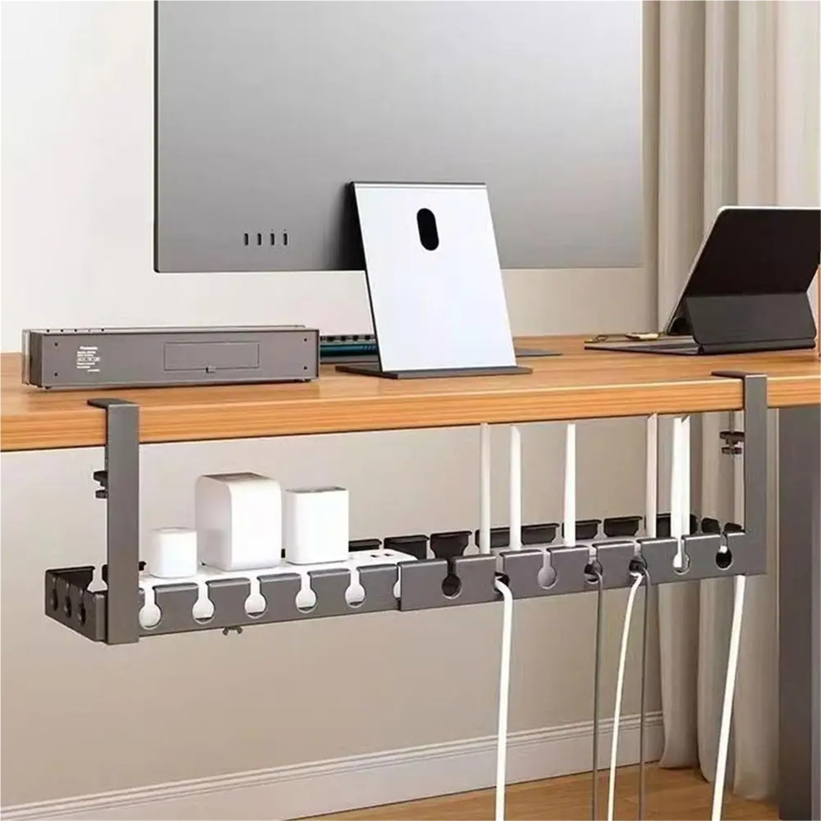 Bandeja Gestion Cables Estante de almacenamiento debajo la Mesa, bandeja gestión cables Metal sin perforación, organizador for escritorio oficina en casa, tira alimentación retráctil(Flexible white)