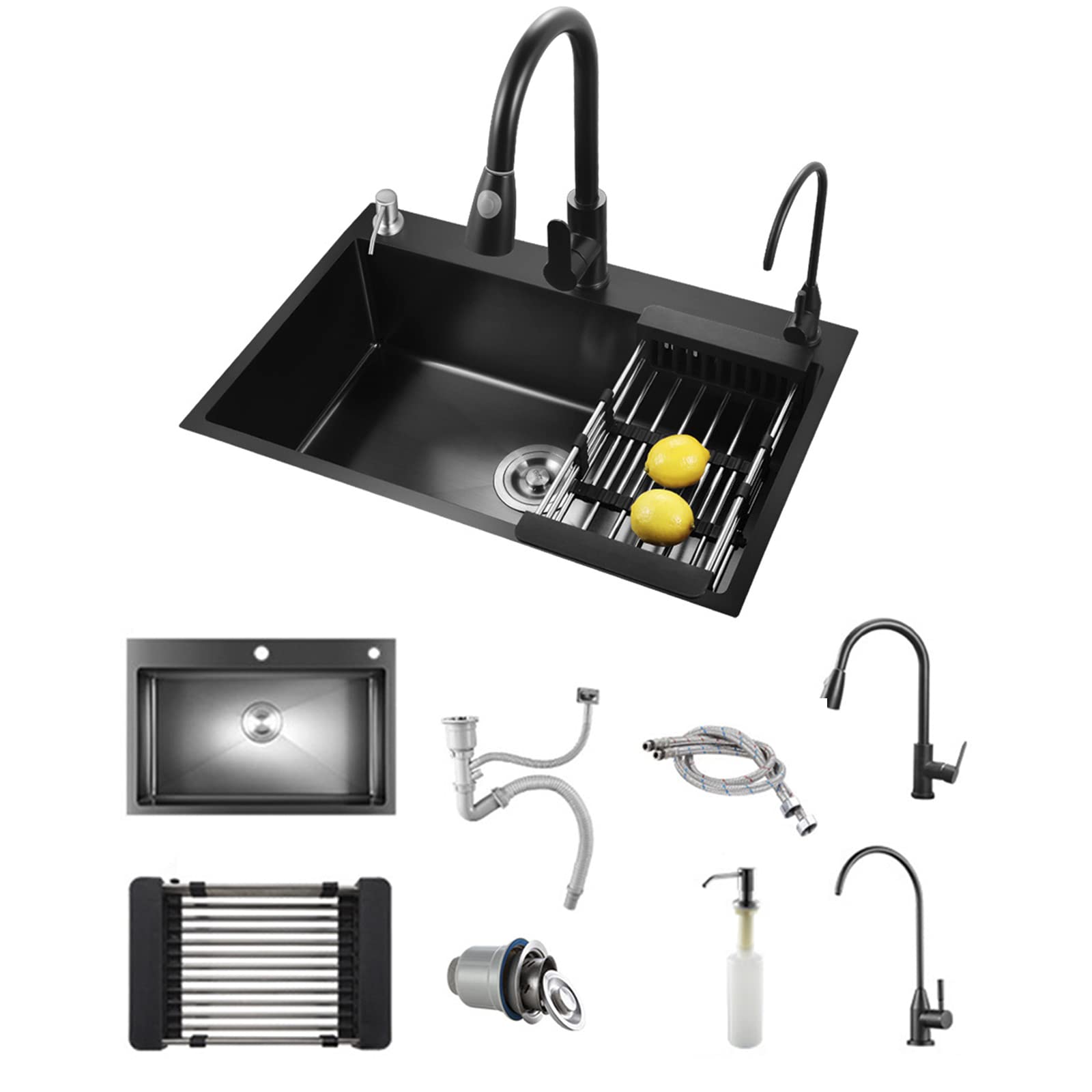 Fregadero de cocina, 304 Acero Inoxidable, Fregadero Cocina un Seno, Fregadero Negro, con grifo extraíble, Purificador de Agua, Dispensador de Jabón (68 * 45cm)