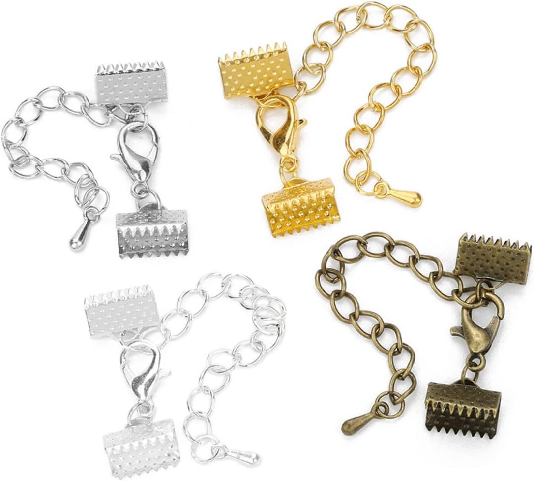10 Pcs Silver Ribbon Crimp Ends with Buckles Iron Chain and Lobster Clasps Fastener Clamps for DIY Jewelry Making Cord Ends for Necklaces Bracelets and Craft Accessories