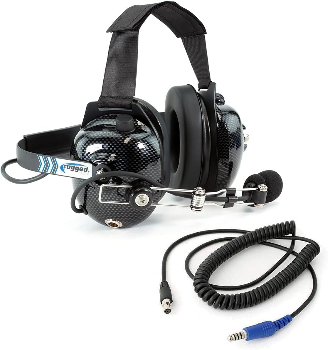 Rugged Radios Carbon Fiber Behind The Head Headset and Adaptor Cable for Intercoms – Features 5-Pin to Off Road Coil Cord and Volume Control Knob 3.5mm Input Jack