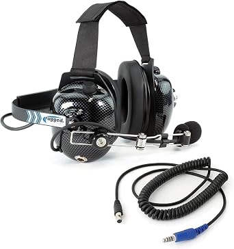 Rugged Radios Carbon Fiber Behind The Head Headset and Adaptor Cable for Intercoms Features 5-Pin to Off Road Coil Cord and Volume Control Knob 3.5mm Input Jack