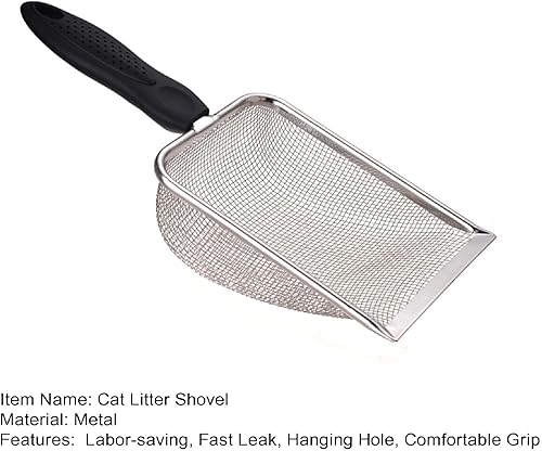Miniatura 5 de Cuchara de arena para gatos de metal con agujero para colgar, mango largo, malla fina, resistente, para caja de arena, color negro
