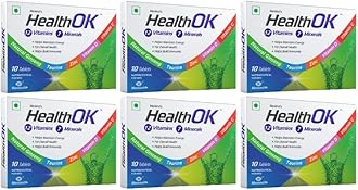Health OK Multivitamin with Natural Ginseng, Taurine power, Daily Energy, alertness, Vitamin D, C & other 17 multivitamins minerals, for Overall Health, 10 Tablets x Pack of 6