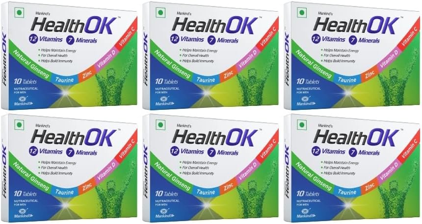 Health OK Multivitamin with Natural Ginseng, Taurine power, Daily Energy, alertness, Vitamin D, C & other 17 multivitamins minerals, for Overall Health, 10 Tablets x Pack of 6
