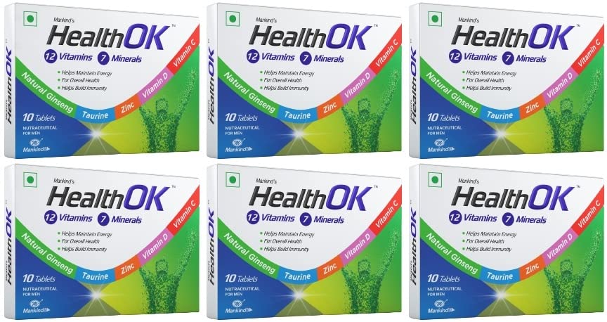 Health OK Multivitamin with Natural Ginseng, Taurine power, Daily Energy, alertness, Vitamin D, C & other 17 multivitamins minerals, for Overall Health, 10 Tablets x Pack of 6