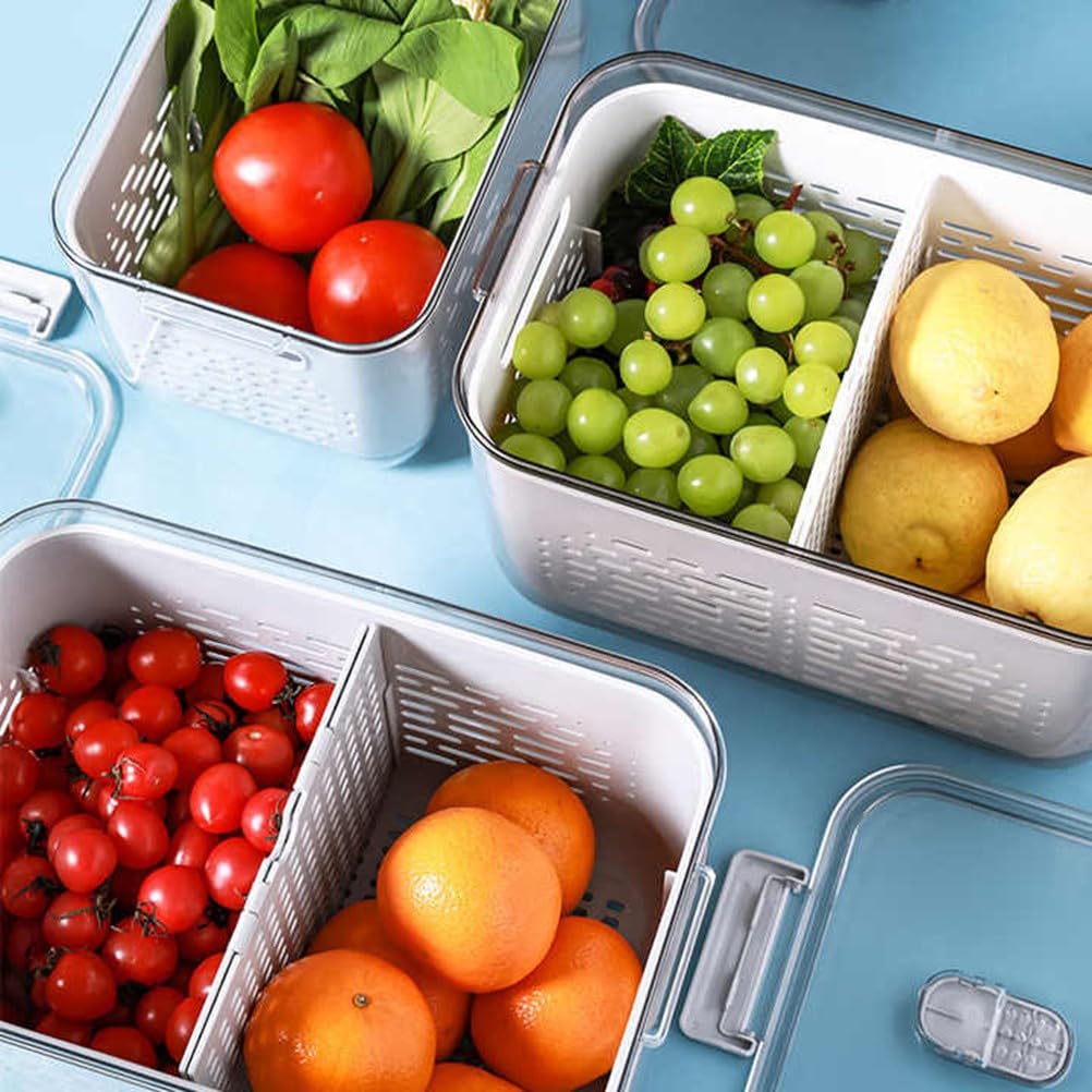 Katalia Organizador Nevera Frigorifico Cocina Multifuncional Cesta Escurridor y Almacenamiento de Alimentos con Tapa Material Resistente BPA-Free Transparente y Gris
