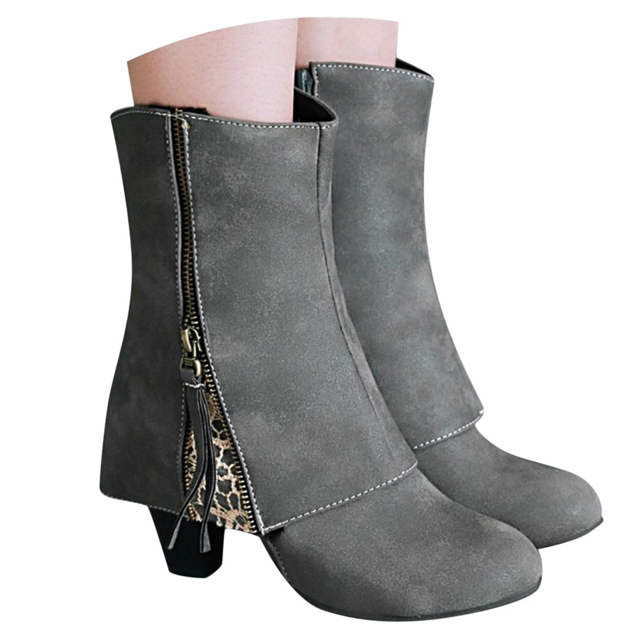 Ankle Boots for Women Wide Calf 2025 Fold Over Suede Classic Almond Toe Chunky Mid Heels Booties Lace